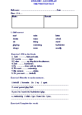 Đề thi học kì I môn Tiếng anh lớp 5